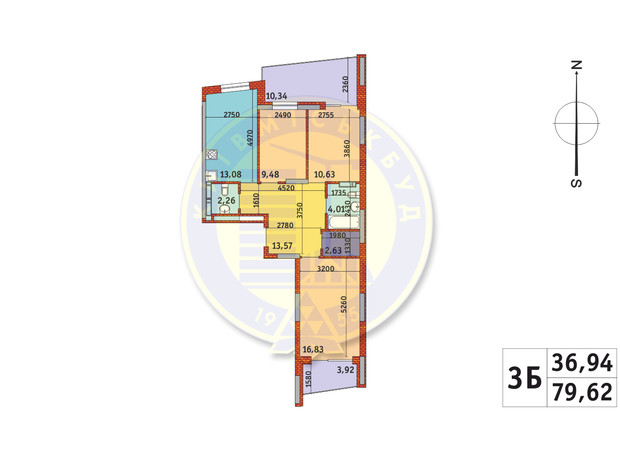 ЖК Итальянский квартал-2: планировка 3-комнатной квартиры 79.62 м²