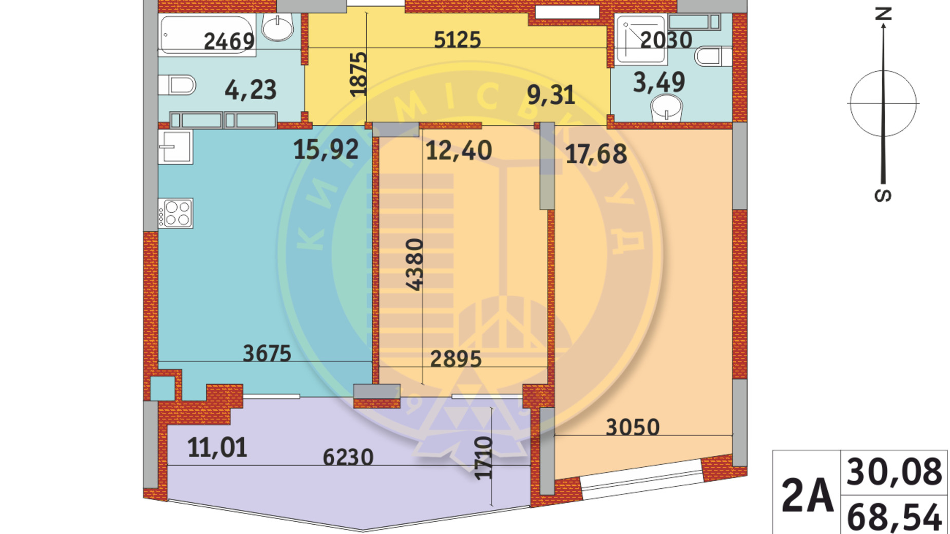 Планування 2-кімнатної квартири в ЖК Італійський квартал-2 68.54 м², фото 337046