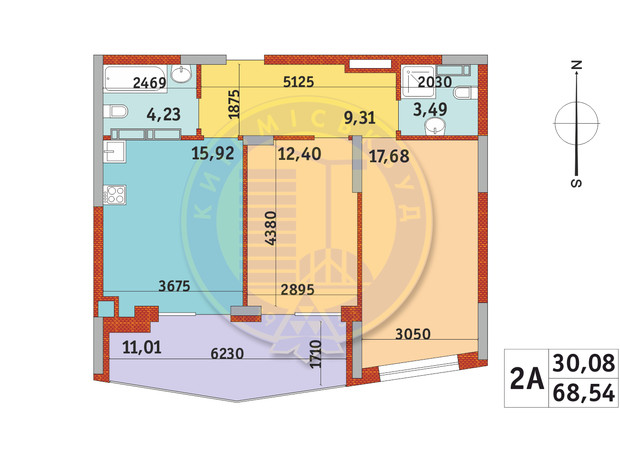 ЖК Итальянский квартал-2: планировка 2-комнатной квартиры 68.54 м²