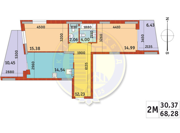 ЖК Итальянский квартал-2: планировка 2-комнатной квартиры 68.28 м²