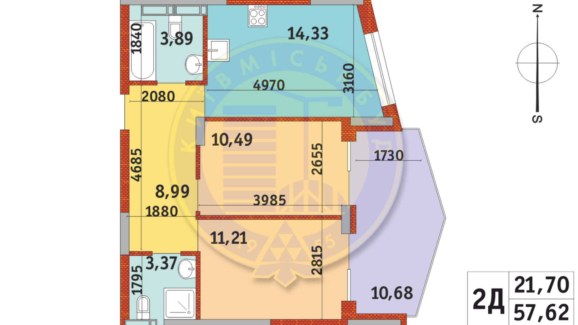 Планировка 2-комнатной квартиры в ЖК Итальянский квартал-2 57.62 м², фото 337050