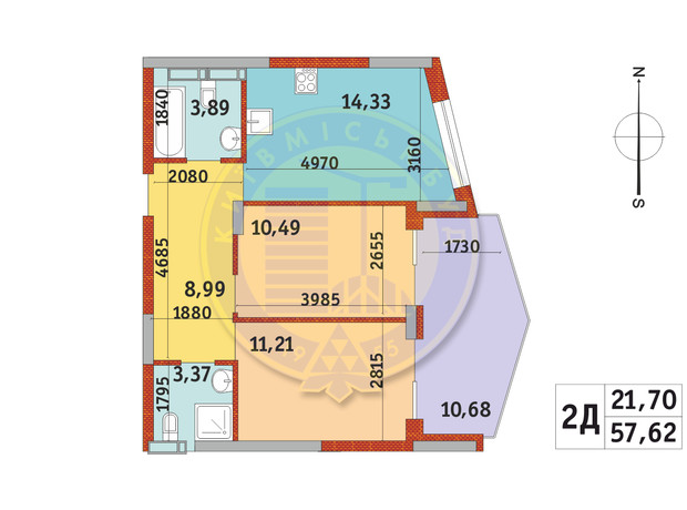 ЖК Італійський квартал-2: планування 2-кімнатної квартири 57.62 м²
