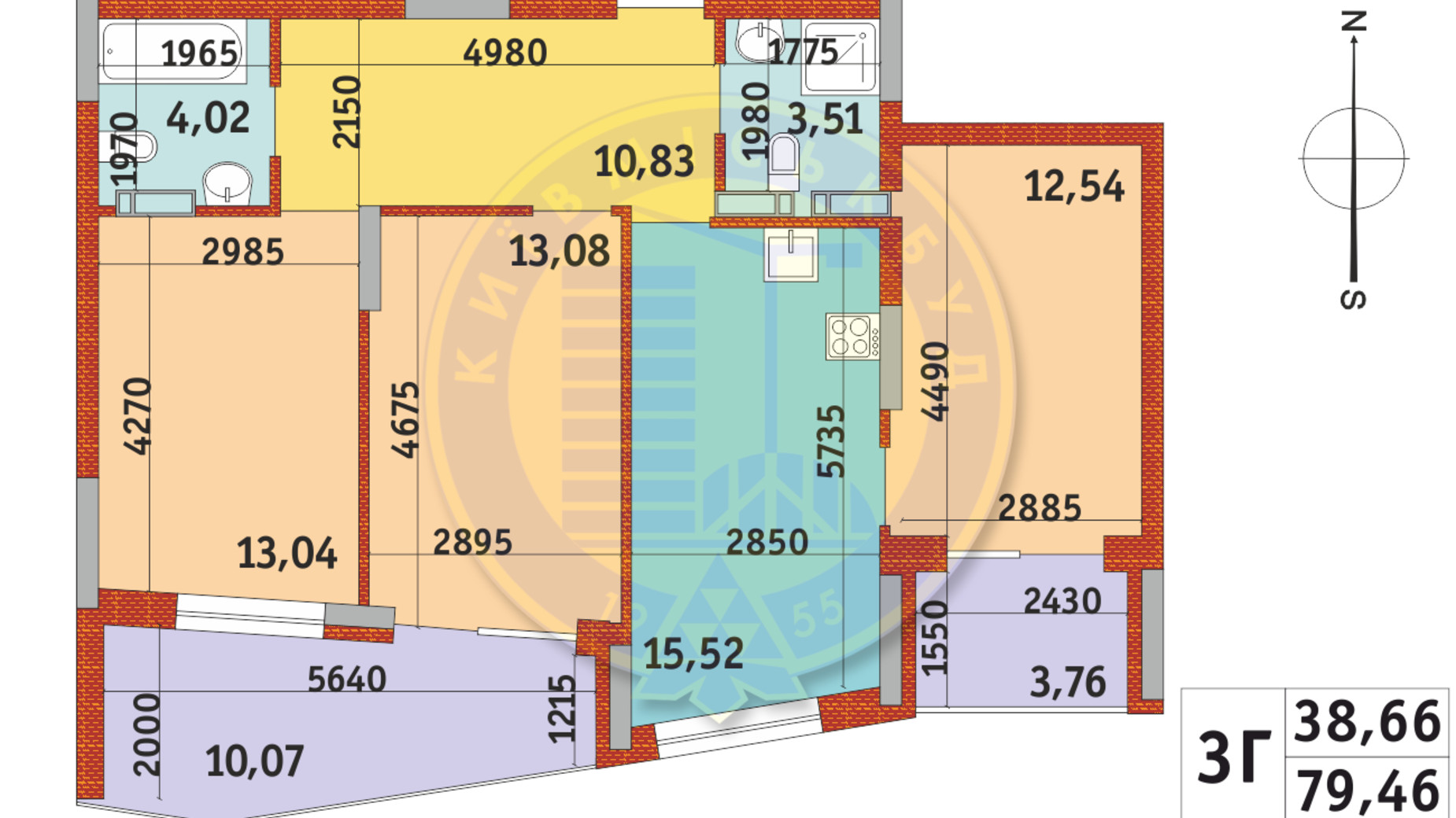 Планування 3-кімнатної квартири в ЖК Італійський квартал-2 79.46 м², фото 337052