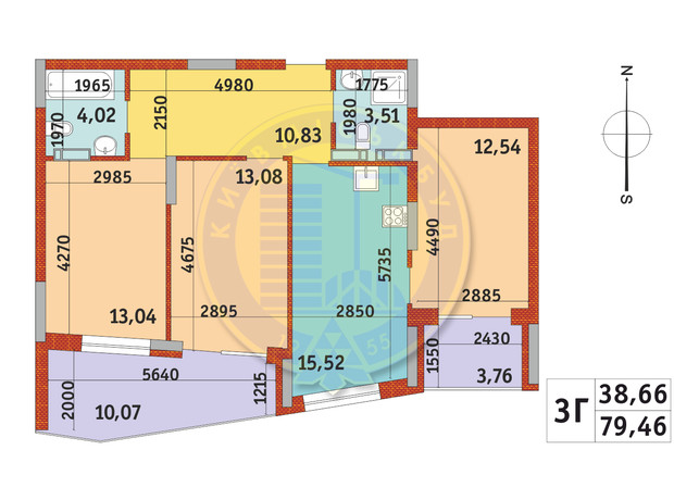 ЖК Итальянский квартал-2: планировка 3-комнатной квартиры 79.46 м²