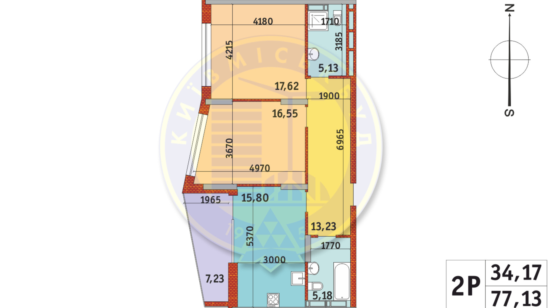 Планування 2-кімнатної квартири в ЖК Італійський квартал-2 77.13 м², фото 337053