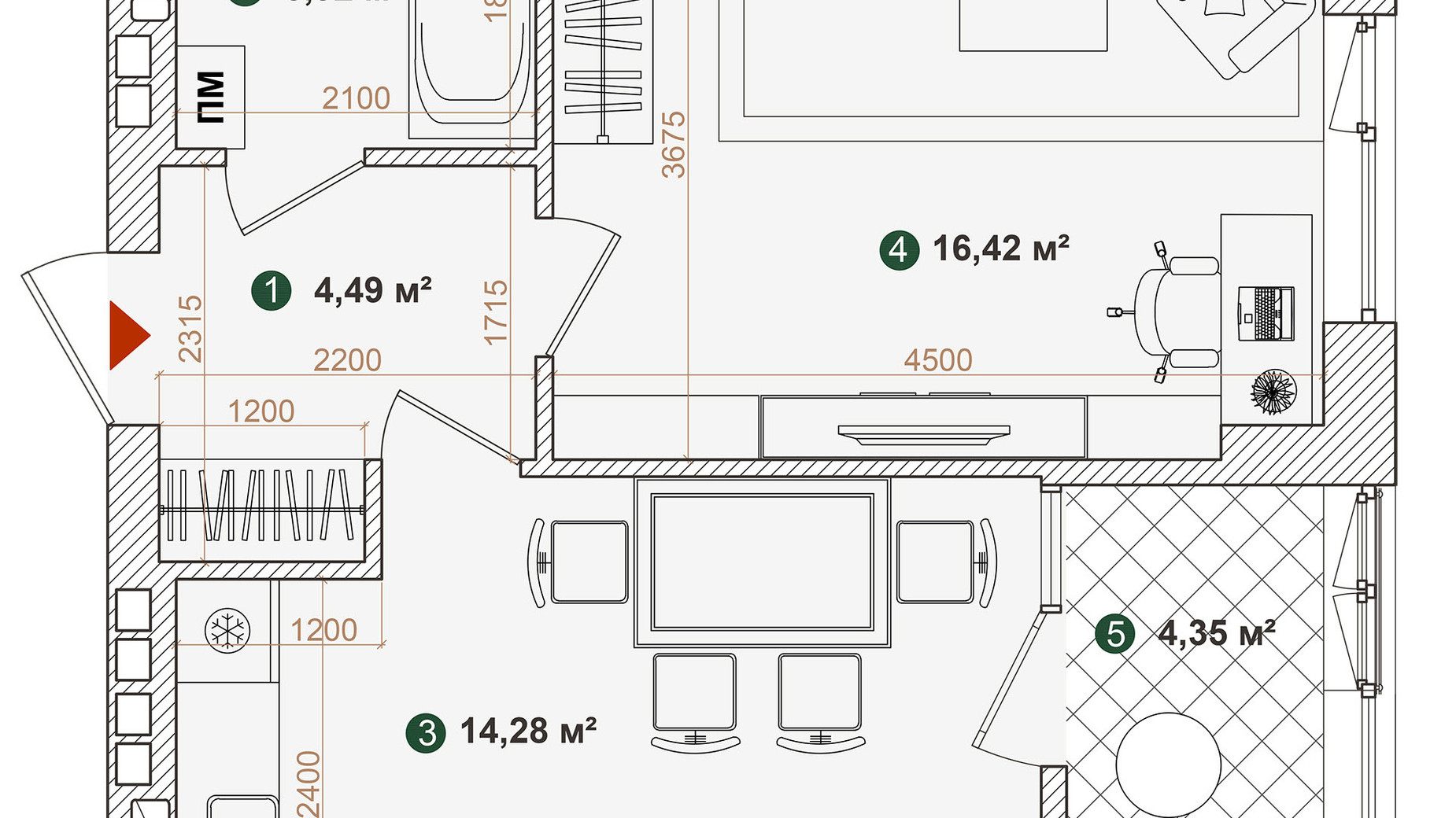 Планування 1-кімнатної квартири в ЖК Forest Park 43.46 м², фото 337064