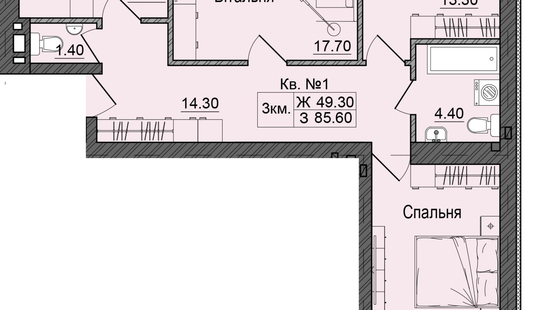 Планировка 3-комнатной квартиры в ЖК Акварели Проспекта 85.6 м², фото 337085