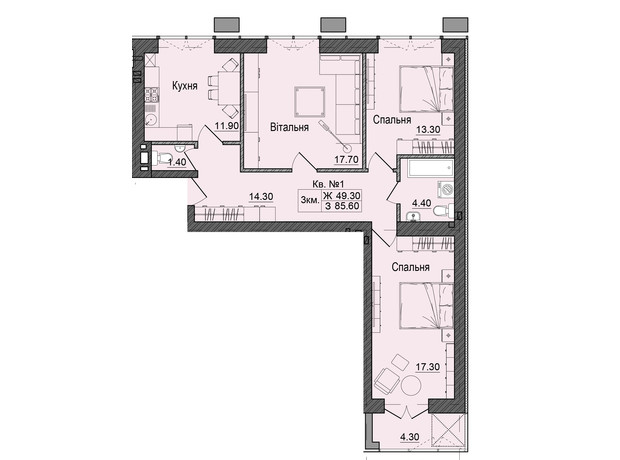 ЖК Акварели Проспекта: планировка 3-комнатной квартиры 85.6 м²