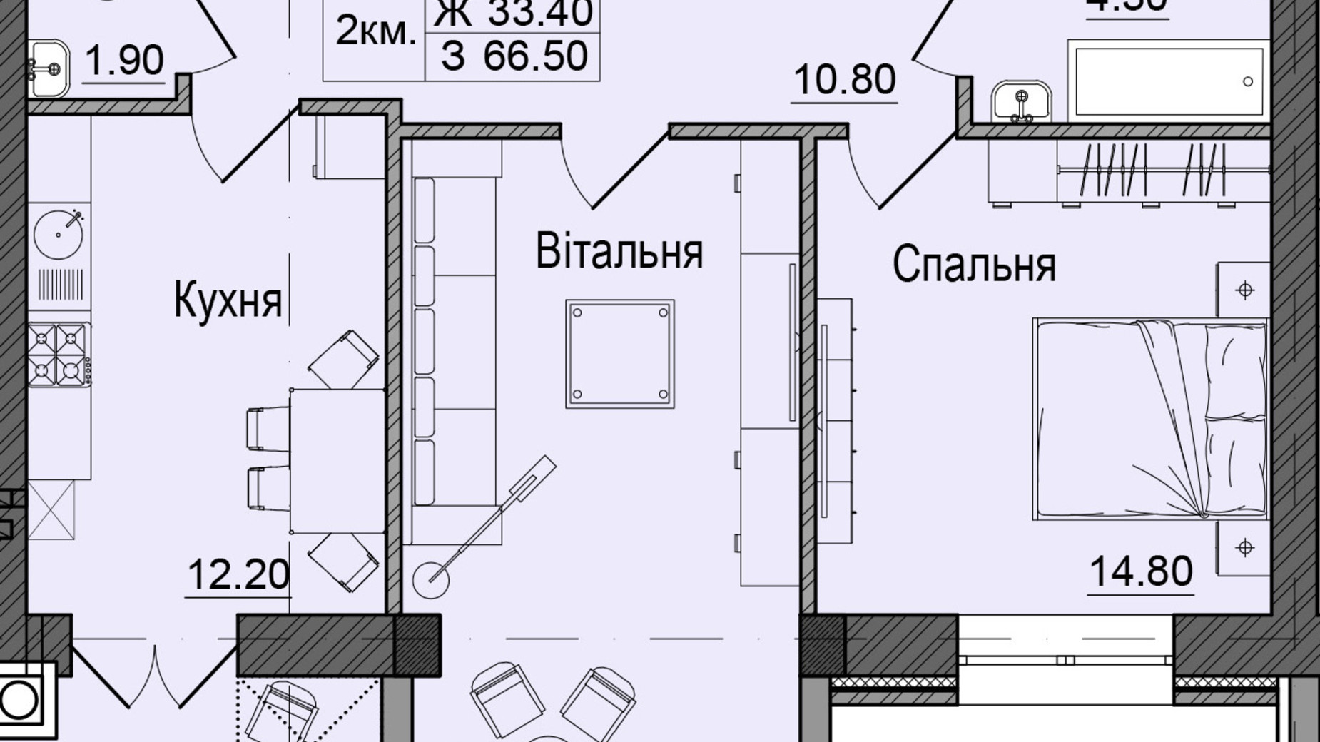 Планування 2-кімнатної квартири в ЖК Акварелі Проспекту 66.5 м², фото 337086