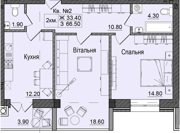 ЖК Акварели Проспекта: планировка 2-комнатной квартиры 66.5 м²