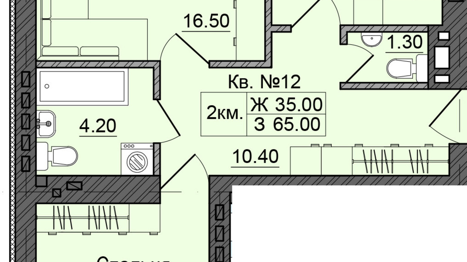 Планування 2-кімнатної квартири в ЖК Акварелі Проспекту 65 м², фото 337090