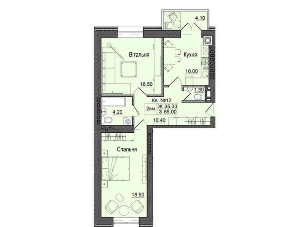 ЖК Акварели Проспекта: планировка 2-комнатной квартиры 65 м²