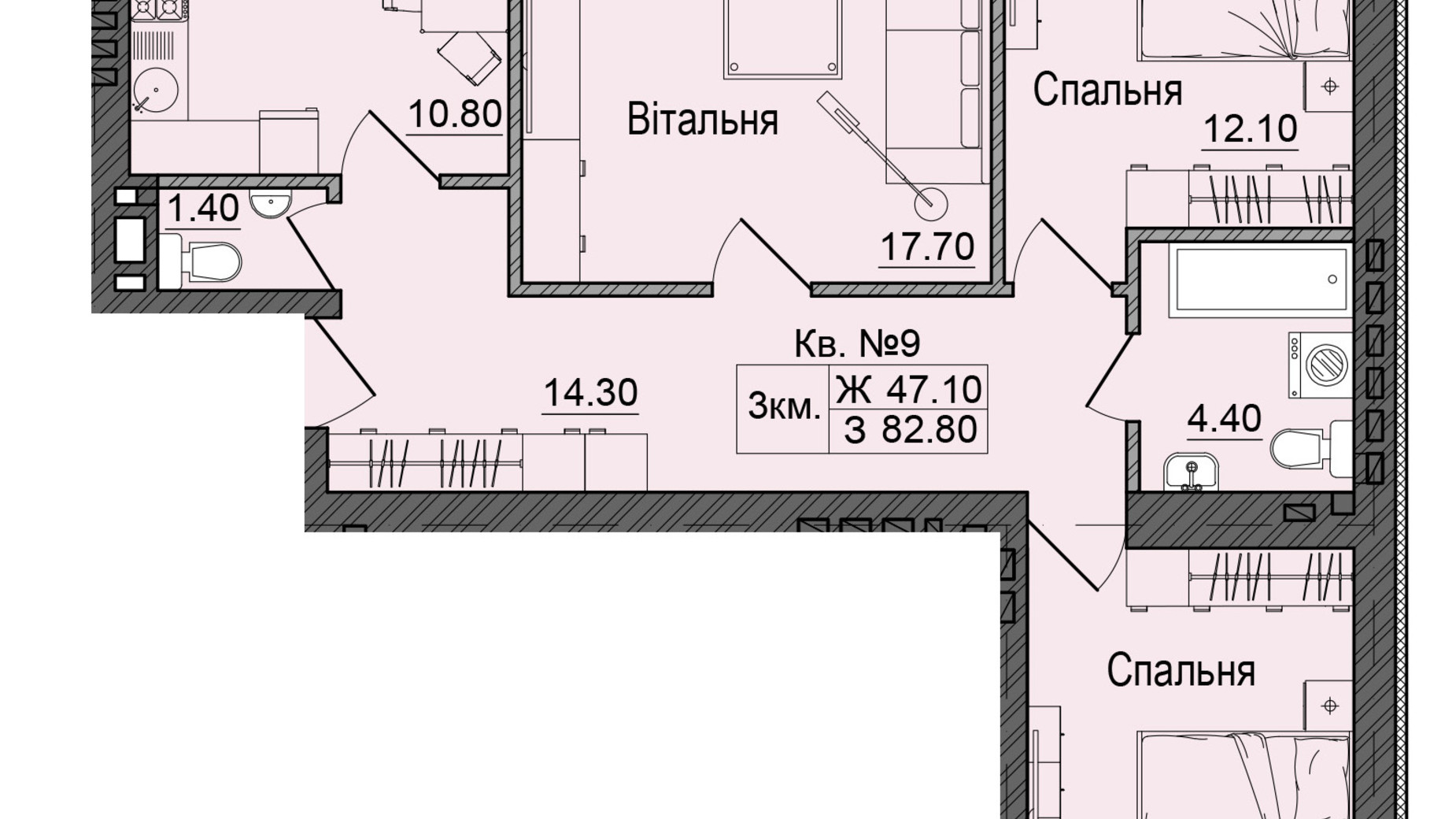 Планування 3-кімнатної квартири в ЖК Акварелі Проспекту 82.8 м², фото 337092