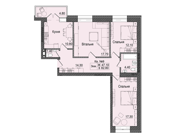 ЖК Акварелі Проспекту: планування 3-кімнатної квартири 82.8 м²