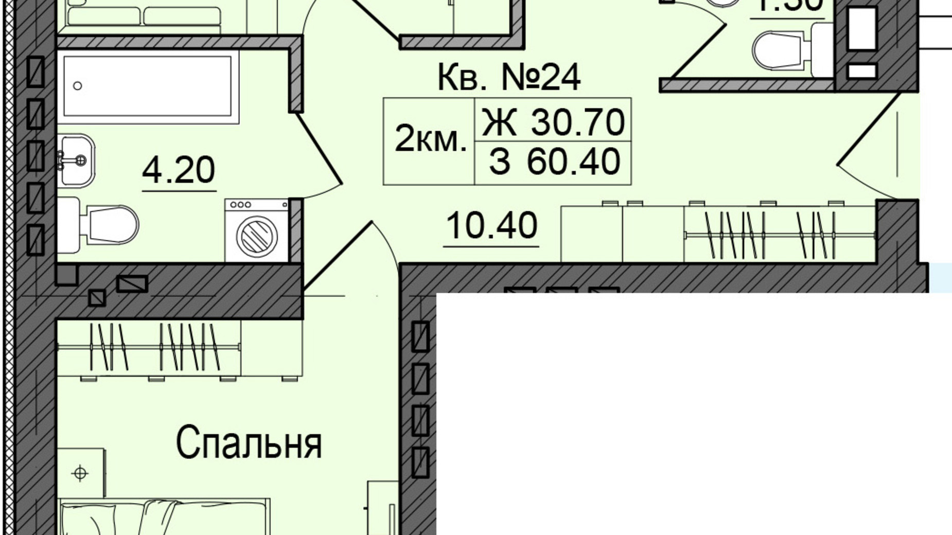 Планировка 2-комнатной квартиры в ЖК Акварели Проспекта 60.4 м², фото 337093