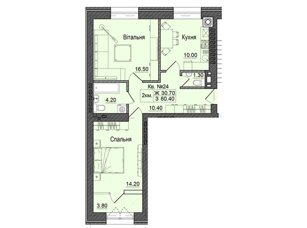ЖК Акварели Проспекта: планировка 2-комнатной квартиры 60.4 м²
