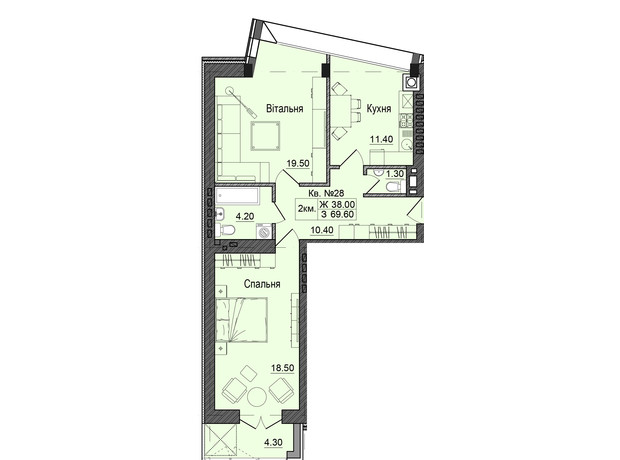 ЖК Акварели Проспекта: планировка 2-комнатной квартиры 69.6 м²