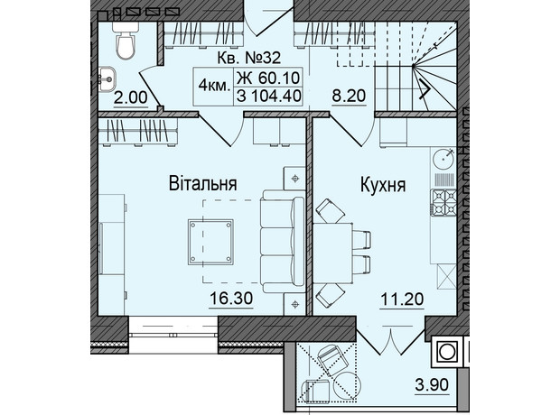 ЖК Акварели Проспекта: планировка 4-комнатной квартиры 104.4 м²