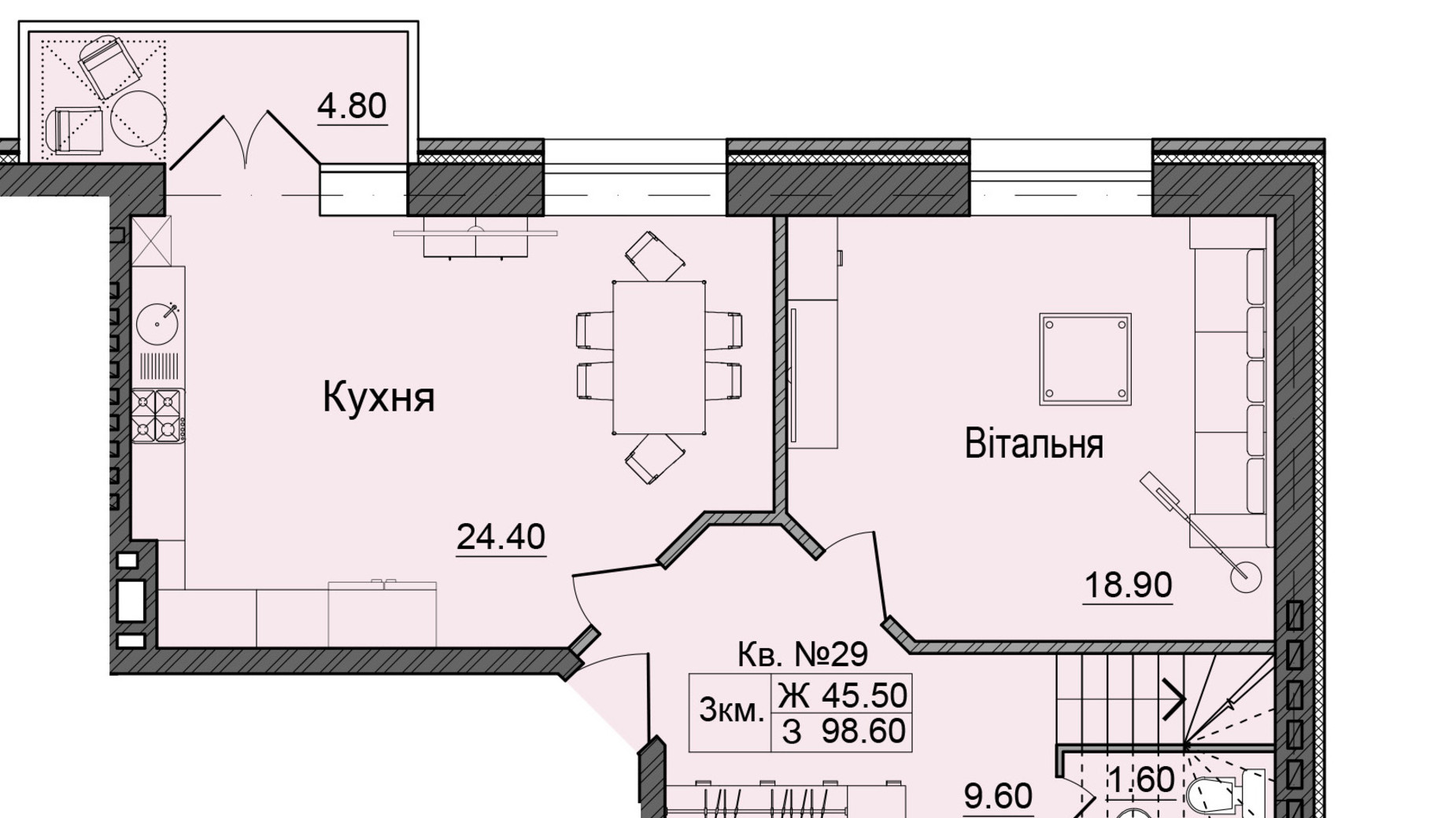 Планування багато­рівневої квартири в ЖК Акварелі Проспекту 98.6 м², фото 337099