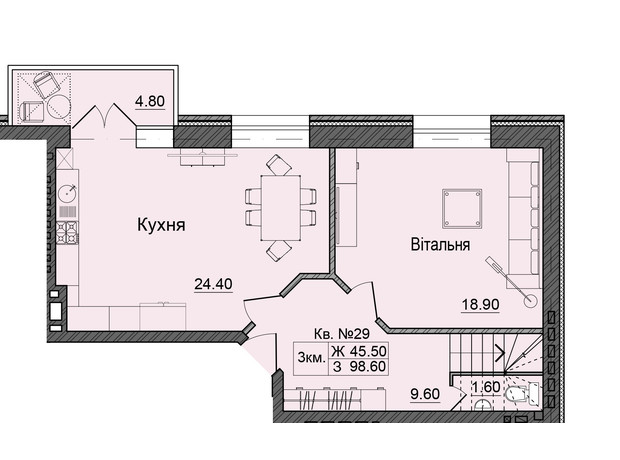 ЖК Акварели Проспекта: планировка 3-комнатной квартиры 98.6 м²