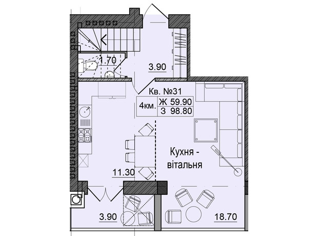 ЖК Акварели Проспекта: планировка 4-комнатной квартиры 98.8 м²