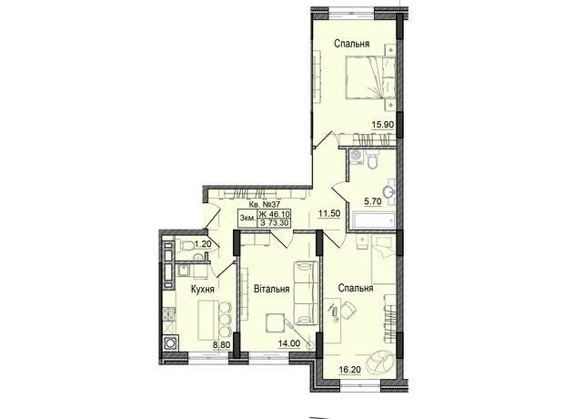 ЖК Акварели Проспекта: планировка 3-комнатной квартиры 73.3 м²