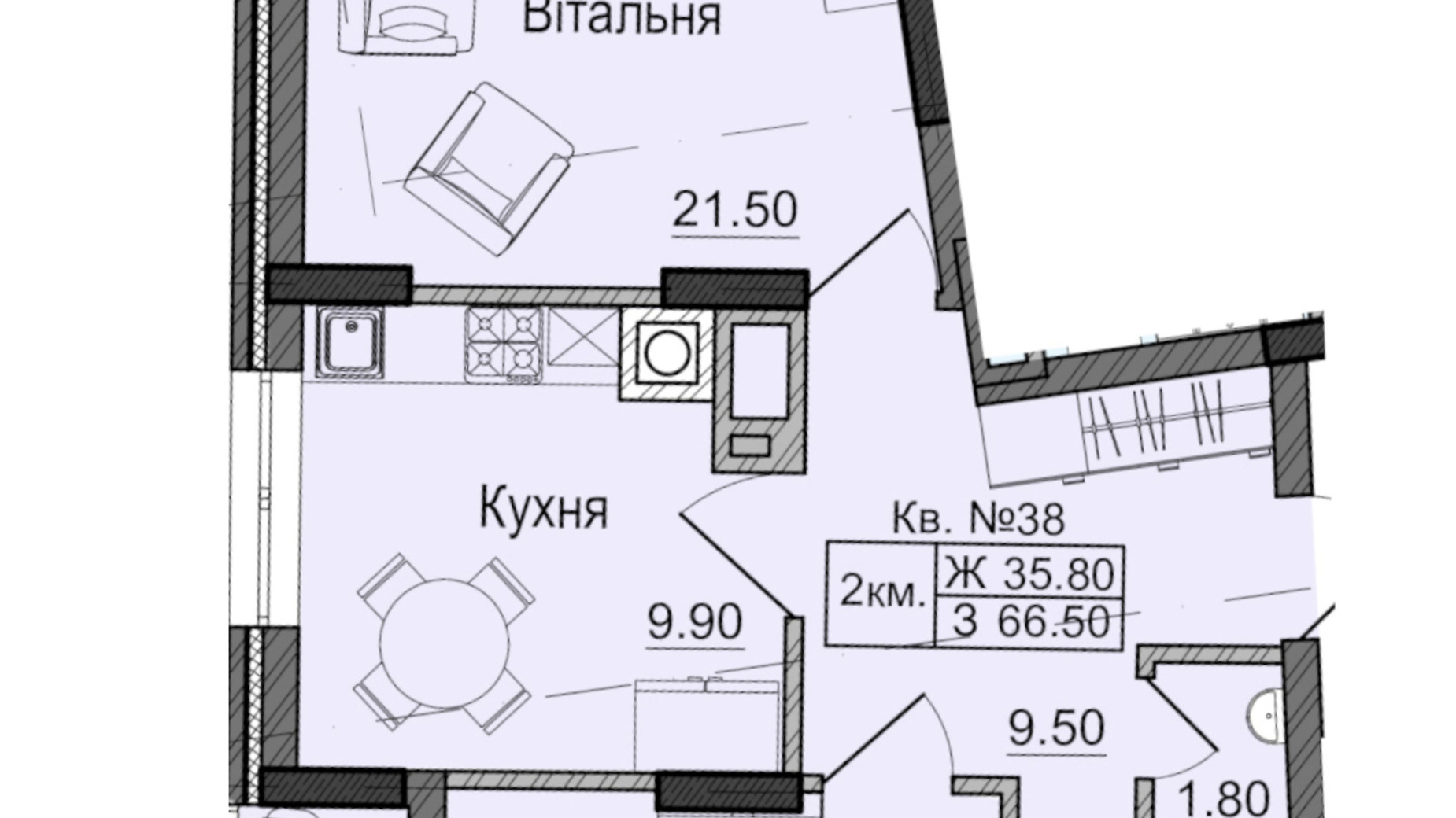Планування 2-кімнатної квартири в ЖК Акварелі Проспекту 66.5 м², фото 337239