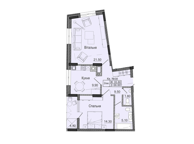 ЖК Акварели Проспекта: планировка 2-комнатной квартиры 66.5 м²
