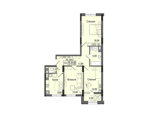 ЖК Акварели Проспекта: планировка 3-комнатной квартиры 72.2 м²