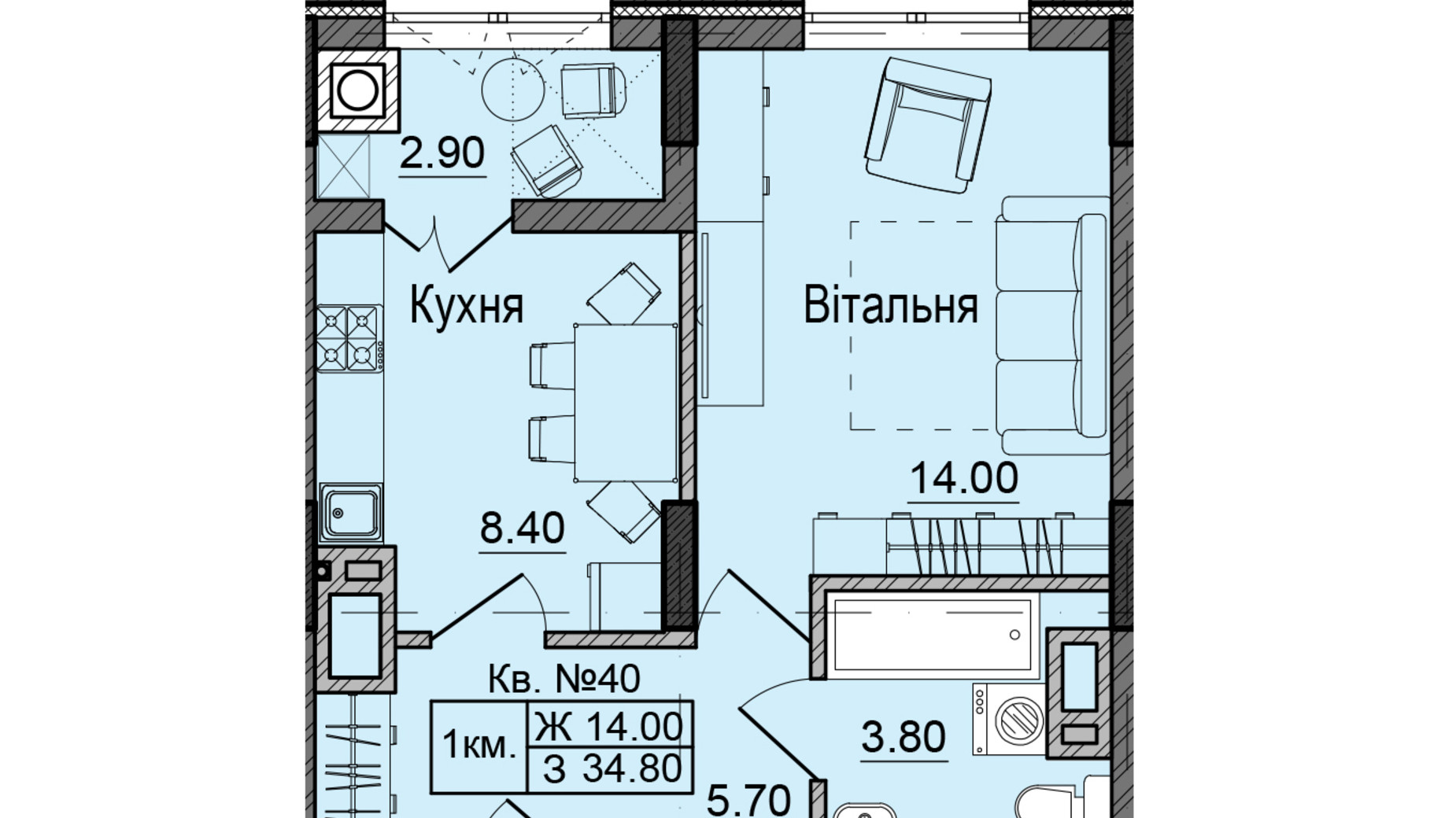 Планировка 1-комнатной квартиры в ЖК Акварели Проспекта 34.8 м², фото 337241