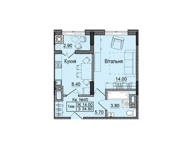 ЖК Акварелі Проспекту: планування 1-кімнатної квартири 34.8 м²