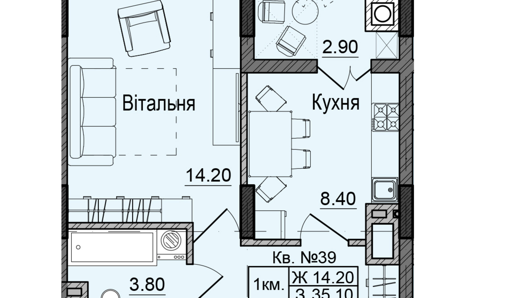 Планування 1-кімнатної квартири в ЖК Акварелі Проспекту 35.1 м², фото 337242