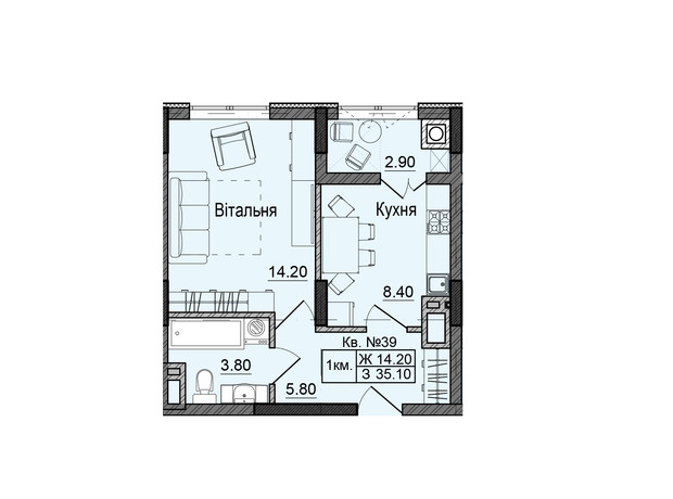 ЖК Акварели Проспекта: планировка 1-комнатной квартиры 35.1 м²