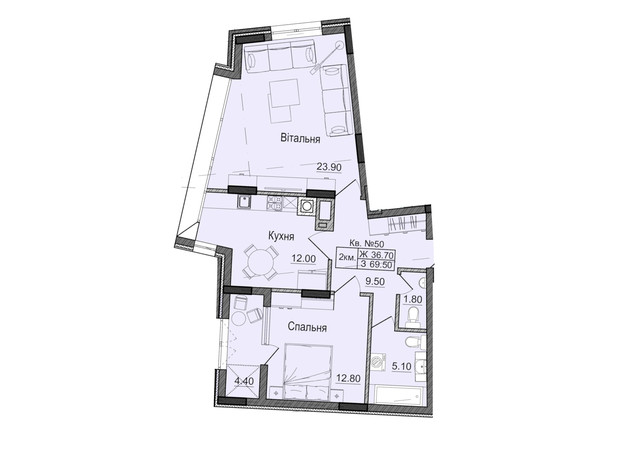ЖК Акварели Проспекта: планировка 2-комнатной квартиры 69.5 м²