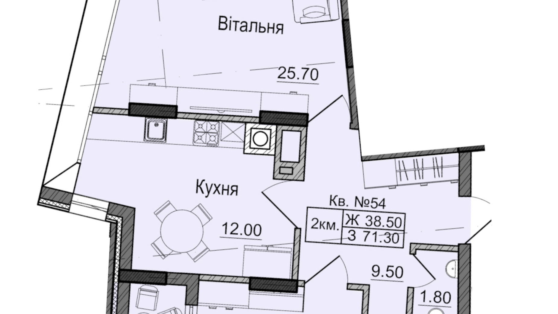 Планировка 2-комнатной квартиры в ЖК Акварели Проспекта 71.3 м², фото 337326