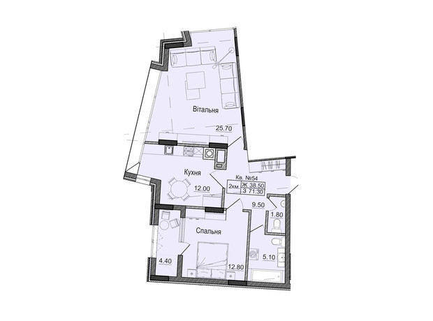 ЖК Акварели Проспекта: планировка 2-комнатной квартиры 71.3 м²