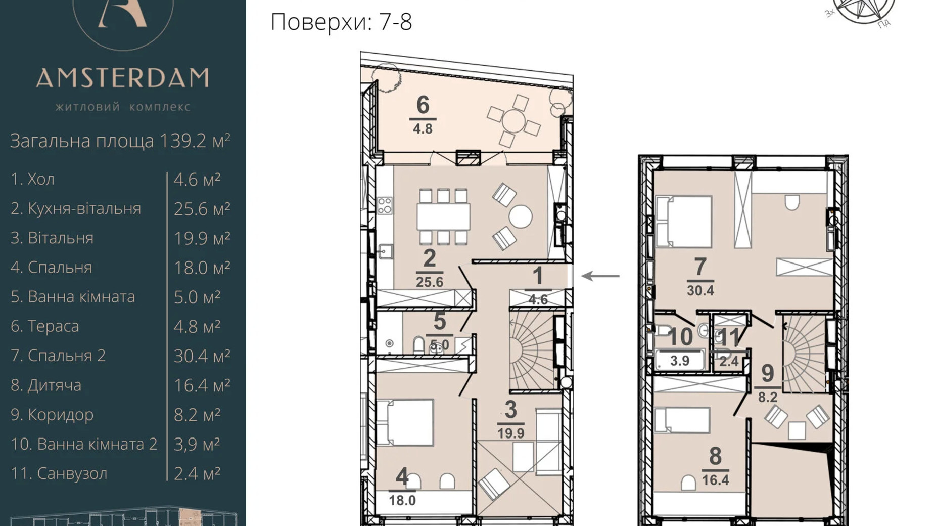 Планировка много­уровневой квартиры в ЖК Amsterdam 139.2 м², фото 337383