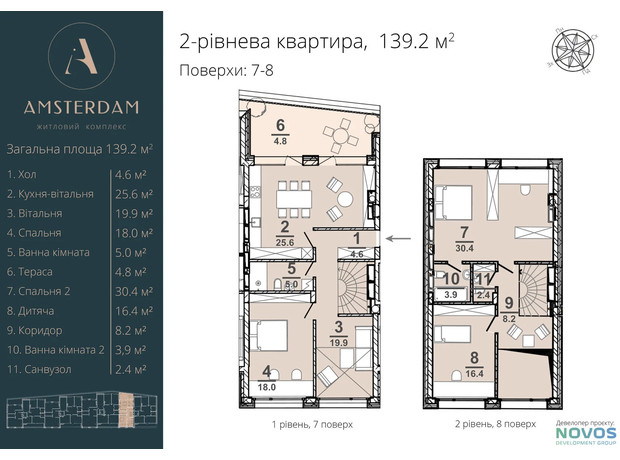 ЖК AMSTERDAM: планировка 4-комнатной квартиры 139.2 м²