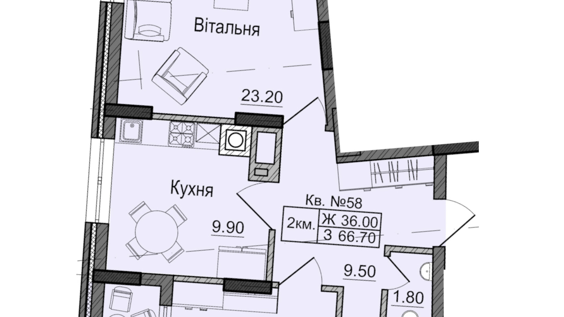 Планировка 2-комнатной квартиры в ЖК Акварели Проспекта 66.7 м², фото 337418