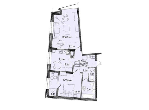 ЖК Акварели Проспекта: планировка 2-комнатной квартиры 66.7 м²