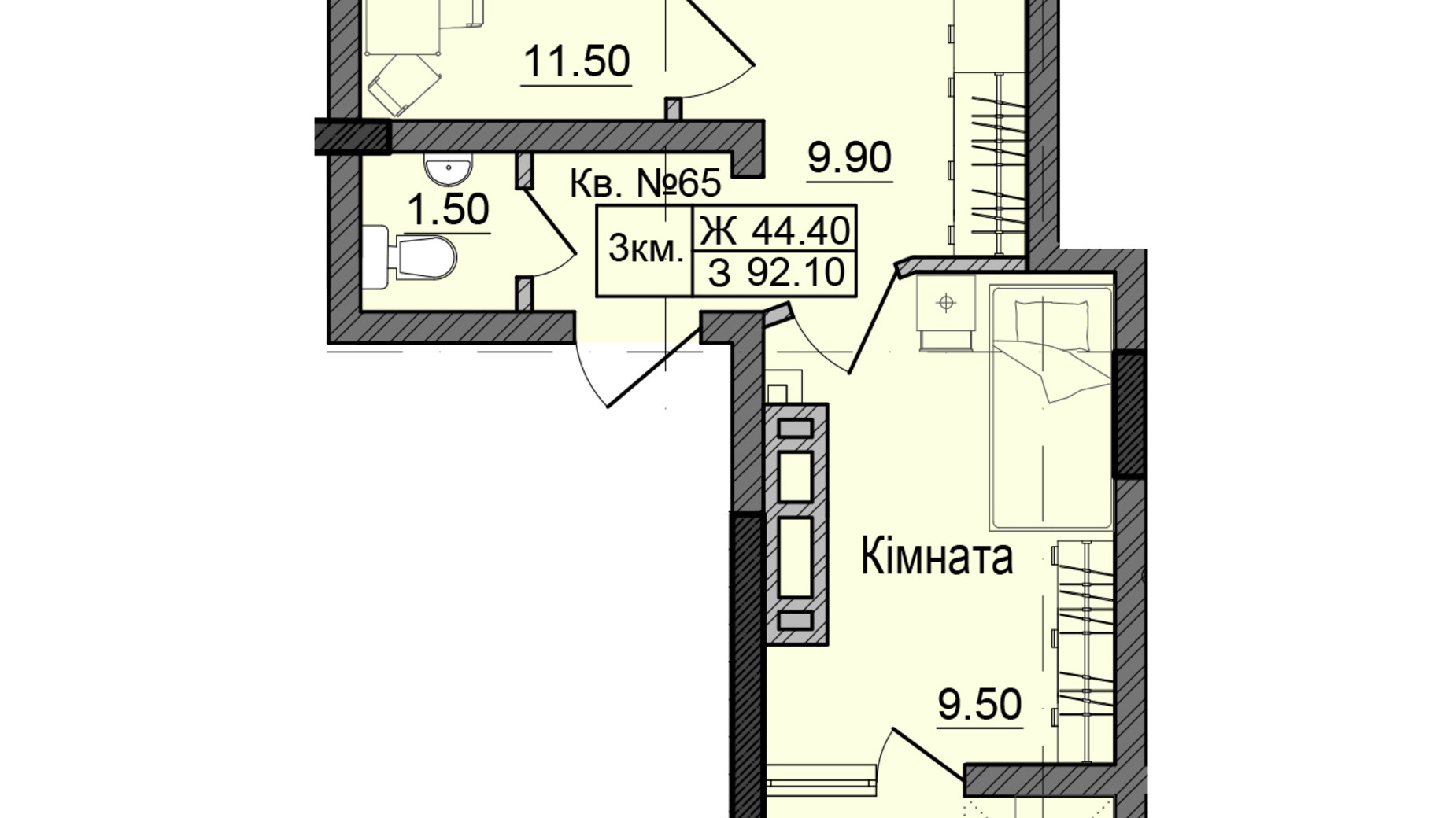 Планировка много­уровневой квартиры в ЖК Акварели Проспекта 92.1 м², фото 337424