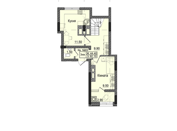 ЖК Акварели Проспекта: планировка 3-комнатной квартиры 92.1 м²