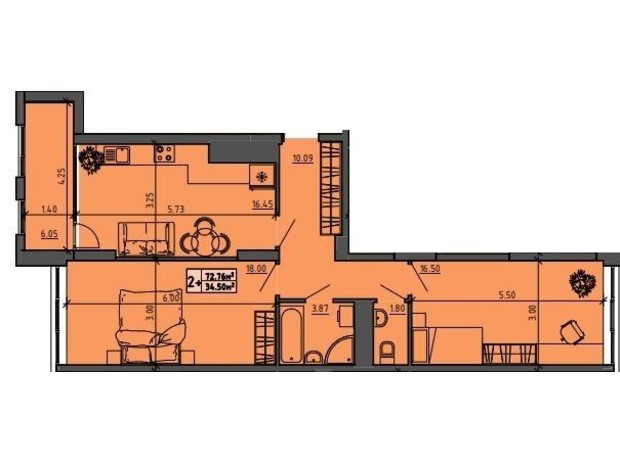 ЖК по ул. Винниченка: планировка 2-комнатной квартиры 72.76 м²