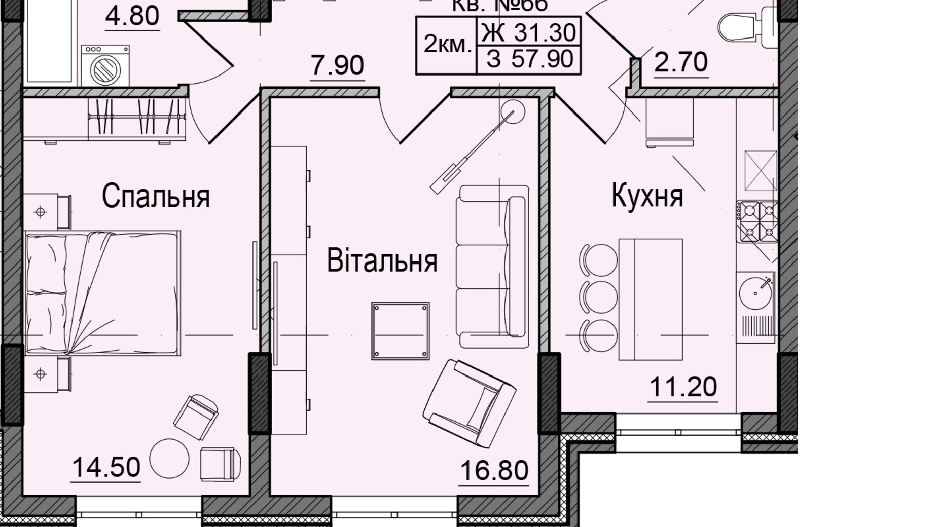 Планировка 2-комнатной квартиры в ЖК Акварели Проспекта 57.9 м², фото 337775