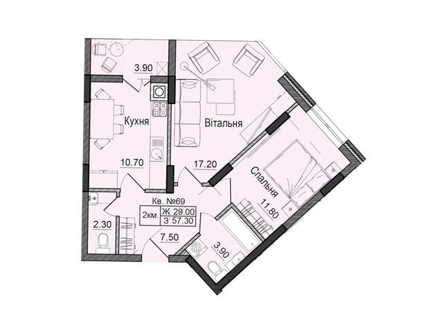 ЖК Акварели Проспекта: планировка 2-комнатной квартиры 57.3 м²