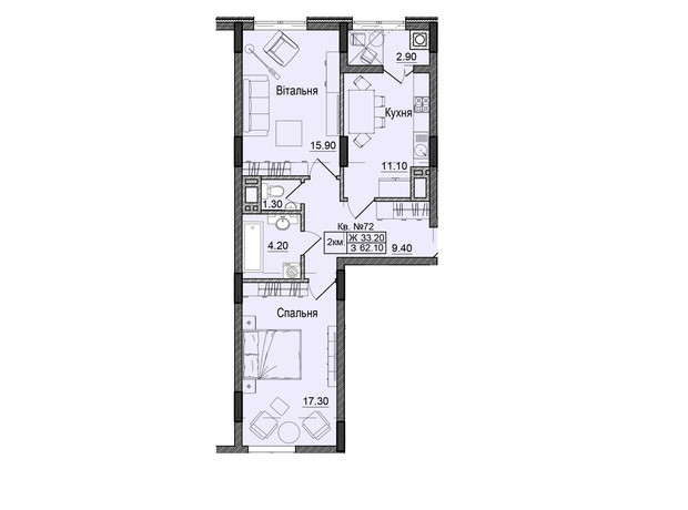 ЖК Акварели Проспекта: планировка 2-комнатной квартиры 62.1 м²