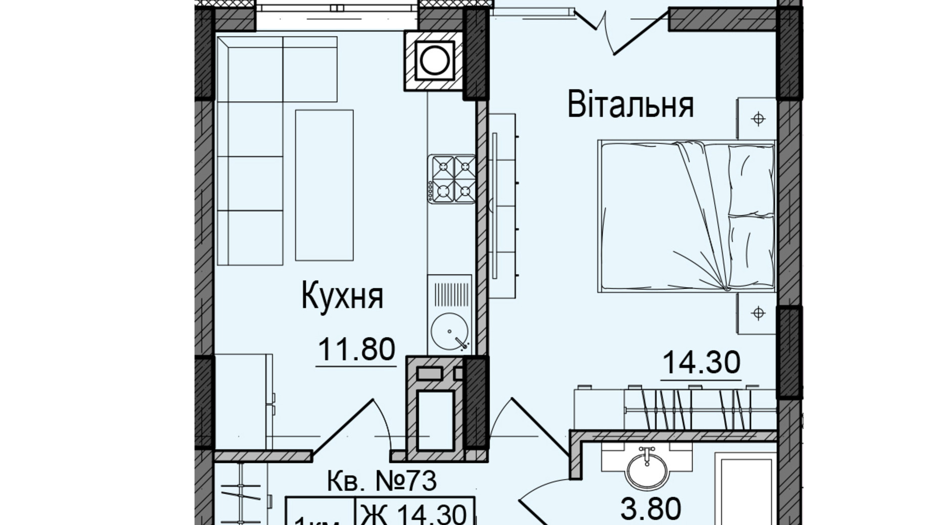 Планування 1-кімнатної квартири в ЖК Акварелі Проспекту 39.5 м², фото 337778