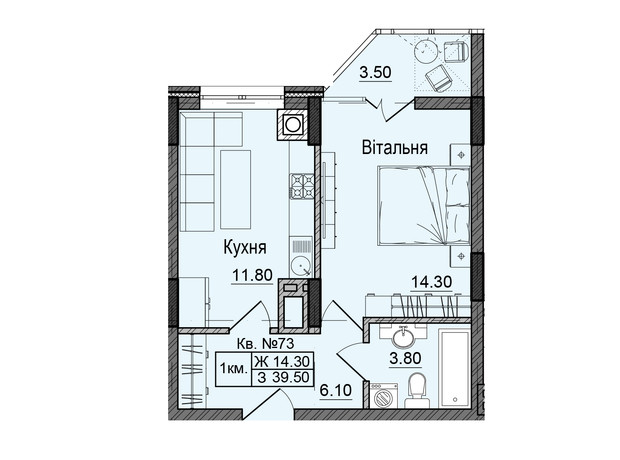 ЖК Акварели Проспекта: планировка 1-комнатной квартиры 39.5 м²