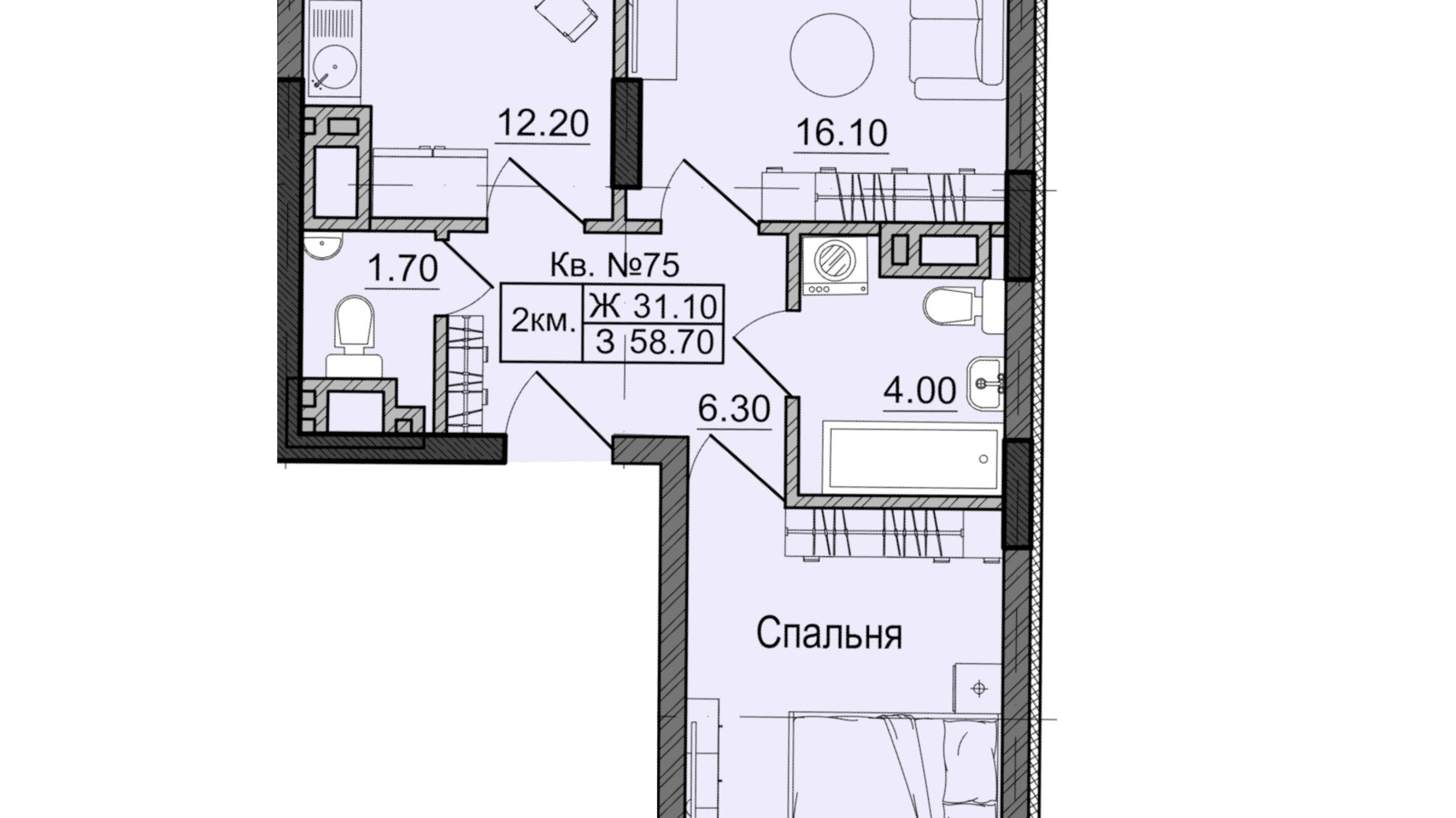 Планировка 2-комнатной квартиры в ЖК Акварели Проспекта 58.7 м², фото 337805