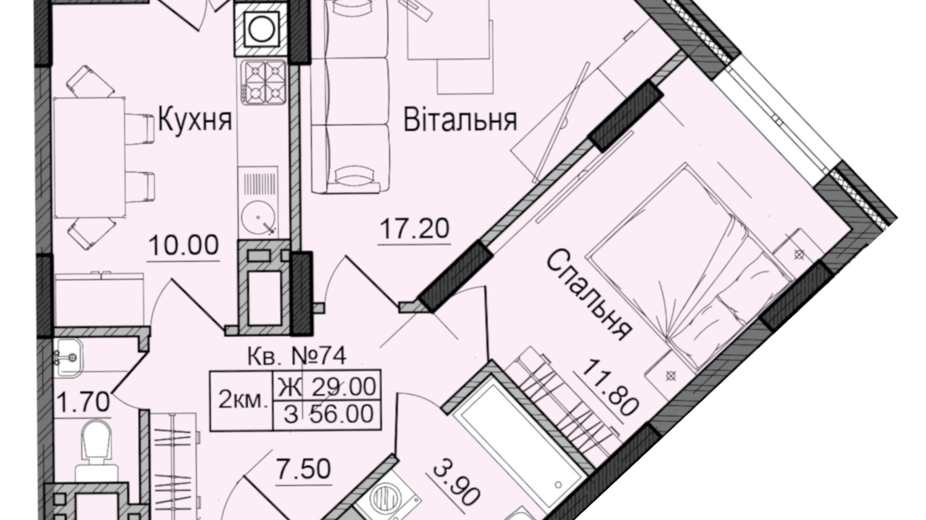 Планировка 2-комнатной квартиры в ЖК Акварели Проспекта 56 м², фото 337806